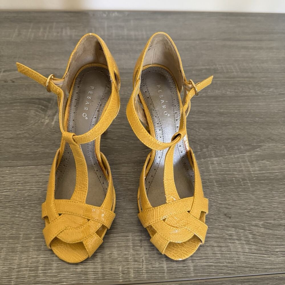 Pesaro Women's Mustard Yellow T Strap Peep Toe High Heel Pumps Size 8M